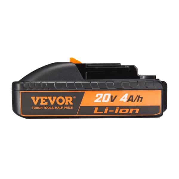 VEVOR 20v battery, 4ah lithium-ion, black and orange with branding and specifications.