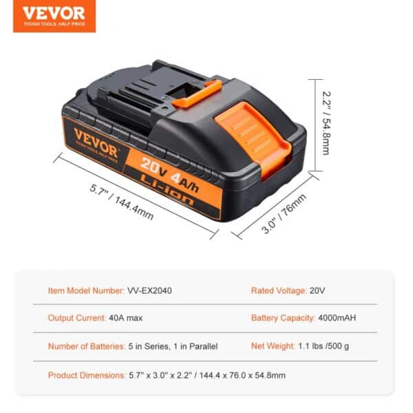 VEVOR 20v battery, 4000mah li-ion, dimensions: 5.7x3.0x2.2 inches, 1.1 lbs weight.