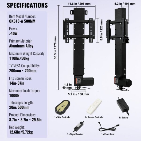 VEVOR Motorized TV Lift Stroke Length 20 Inches Motorized TV Mount Fit for 28-32" TV Lift with Remote Control Height Adjustable Load Capacity 132 Lbs Wireless Remote Control