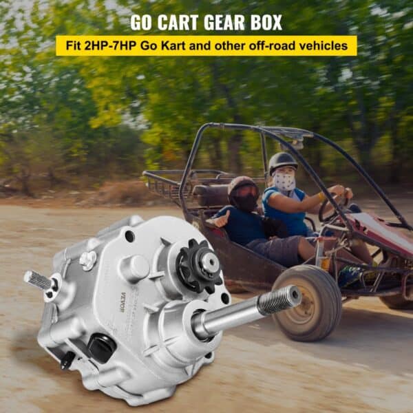 VEVOR go kart gearbox with off-road vehicle in the background on a dirt path.