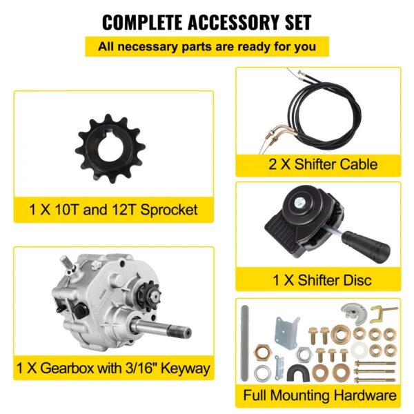 complete accessory set for VEVOR go kart gearbox including cables, sprocket, and hardware.