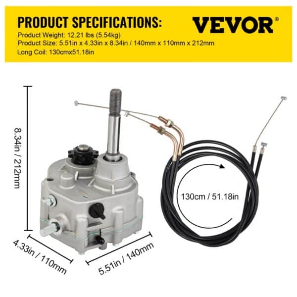 VEVOR go kart gearbox with cables and dimensions highlighted in yellow background.