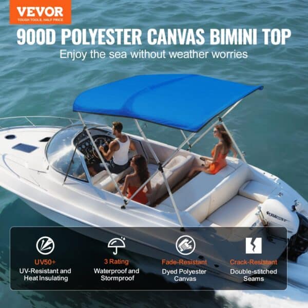 VEVOR bimini top on a speedboat with three people, highlighted with uv, waterproof, and crack-resistant features.