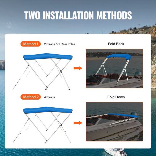 two installation methods for VEVOR bimini top: 2 straps and 2 rear poles or 4 straps. fold back or fold down.