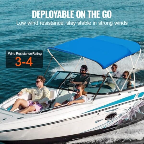 people on a boat with a blue VEVOR bimini top, wind resistance rating 3-4, on a sunny day.