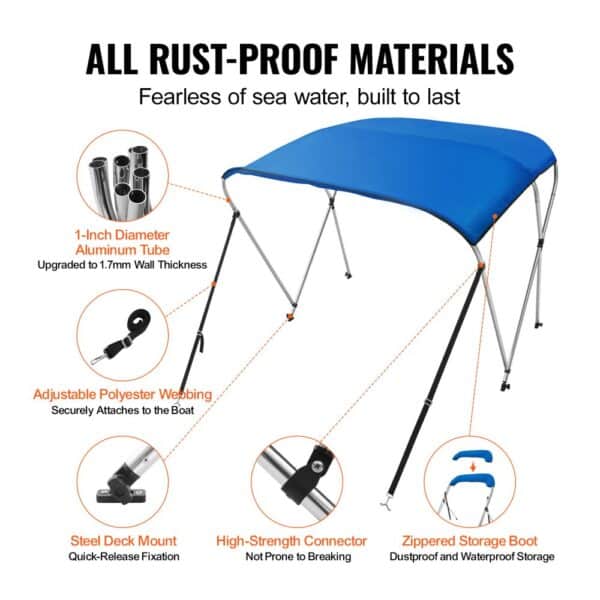 VEVOR bimini top with rust-proof aluminum frame, adjustable polyester webbing, and zippered storage.