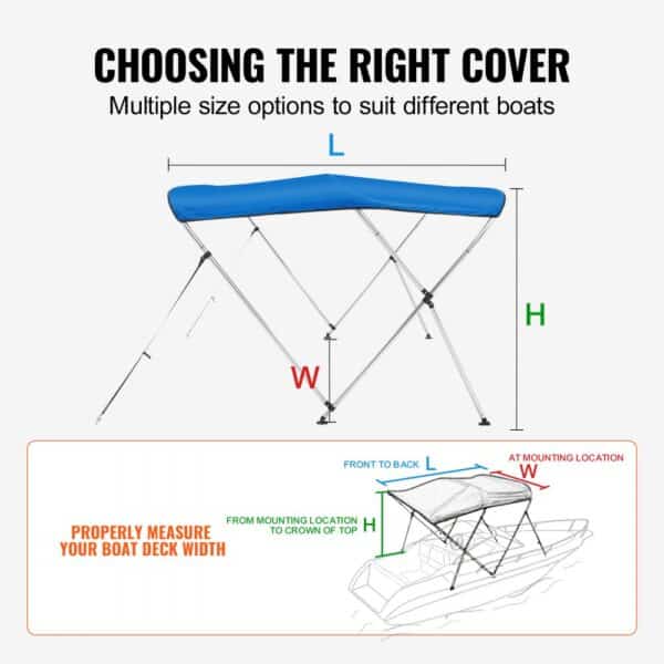 VEVOR bimini top with blue cover, showing dimensions l, h, and w for choosing the right cover for boats.