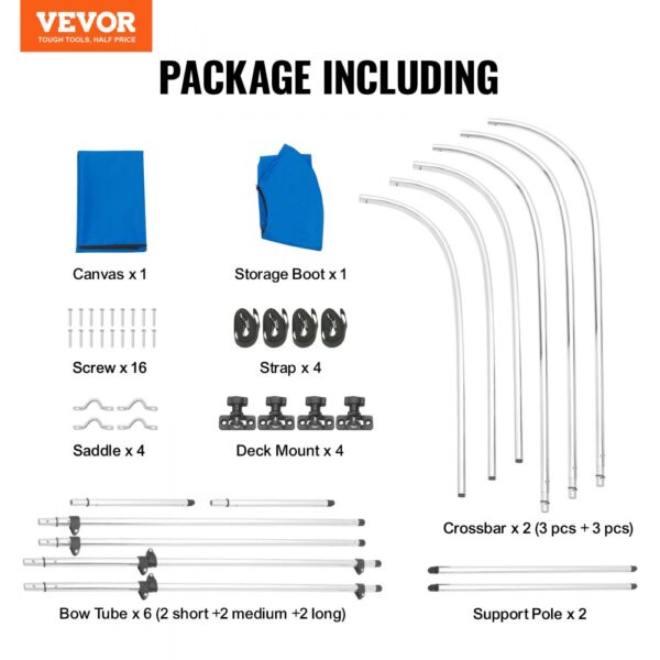 VEVOR bimini top package includes canvas, storage boot, screws, straps, deck mounts, bow tubes, and support poles.