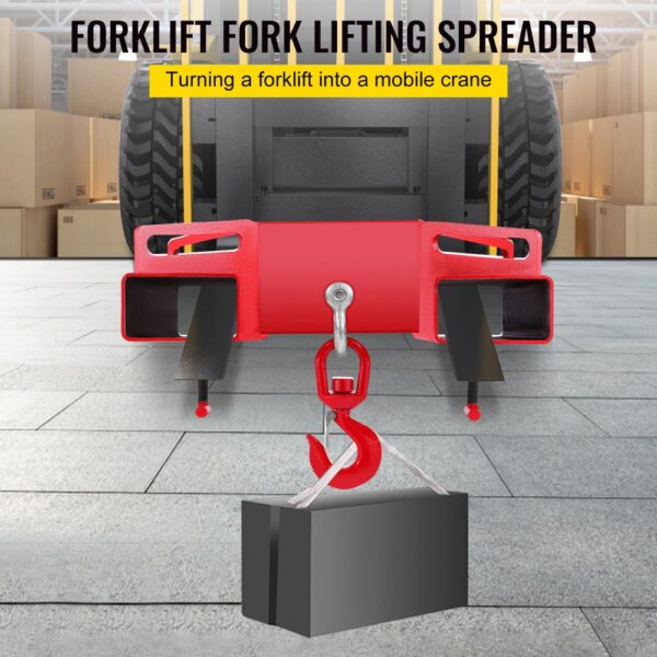 VEVOR forklift lifting hook attached to a forklift, lifting a large block.