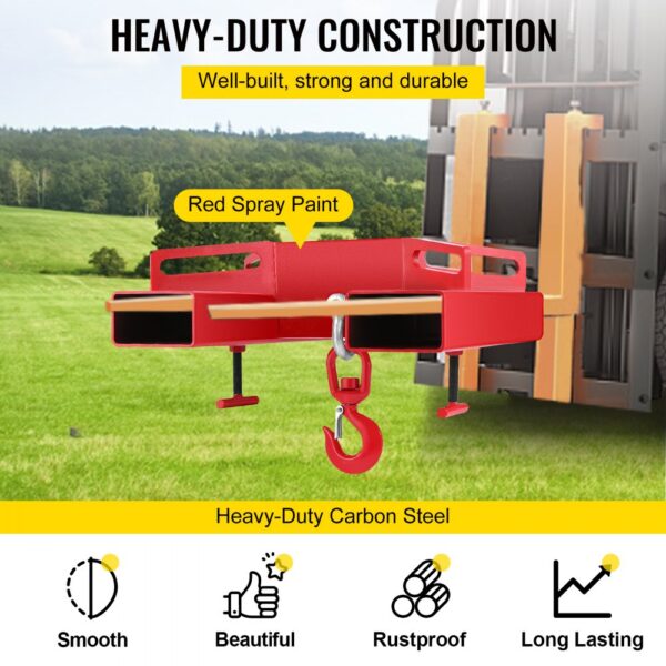 heavy-duty VEVOR forklift lifting hook with red spray paint and carbon steel construction.