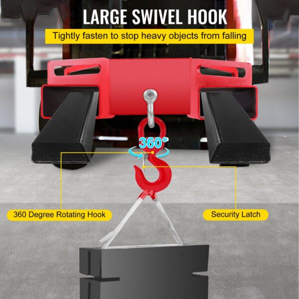 VEVOR forklift lifting hook with 360-degree rotating hook and security latch.