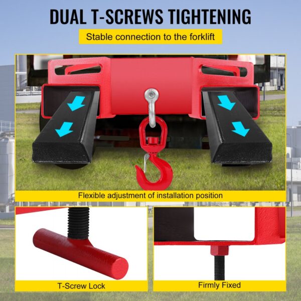 VEVOR forklift lifting hook showing dual t-screws for stable installation.