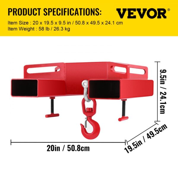 red VEVOR forklift lifting hook with dimensions and weight specifications shown.