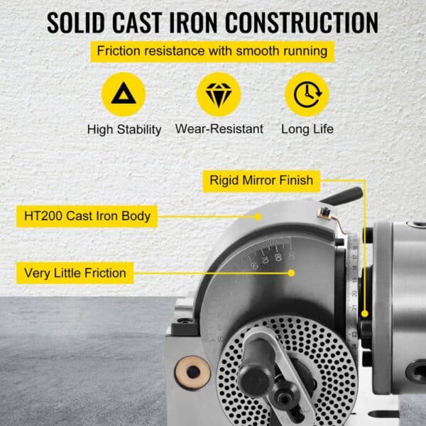 VEVOR dividing head with ht200 cast iron body, rigid mirror finish, and very little friction.