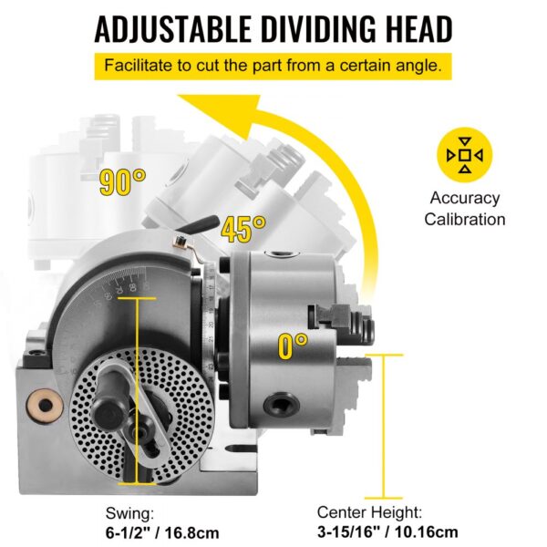 VEVOR dividing head with adjustable angles and accuracy calibration, swing 6.5", height 3.95".