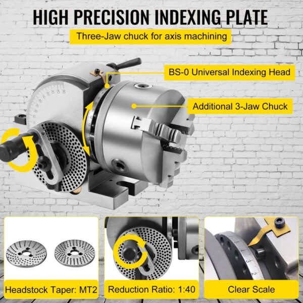VEVOR dividing head with high precision indexing plate and 3-jaw chuck for axis machining