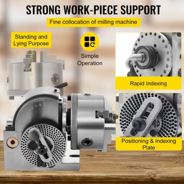 VEVOR dividing head, strong support, standing and lying, rapid indexing, simple operation.