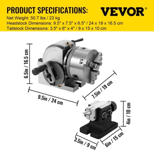 VEVOR dividing head product specifications and dimensions with detailed measurements.