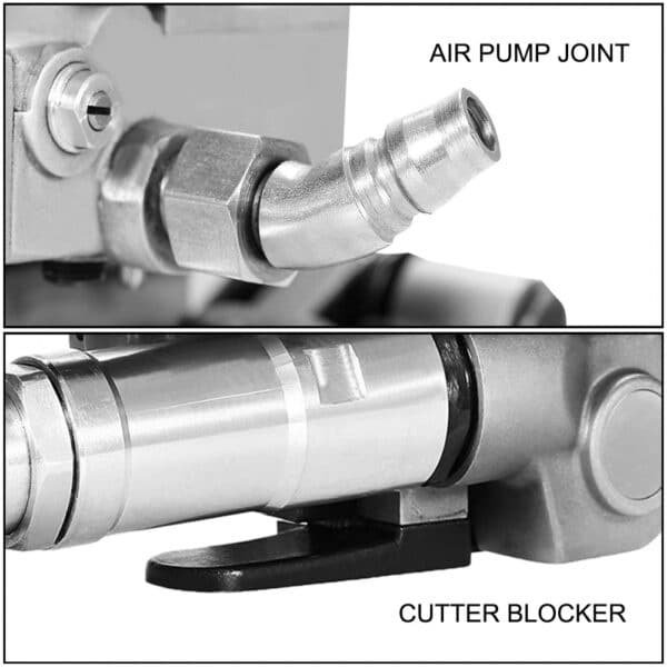 close-up of VEVOR pneumatic strapping tool's air pump joint and cutter blocker.
