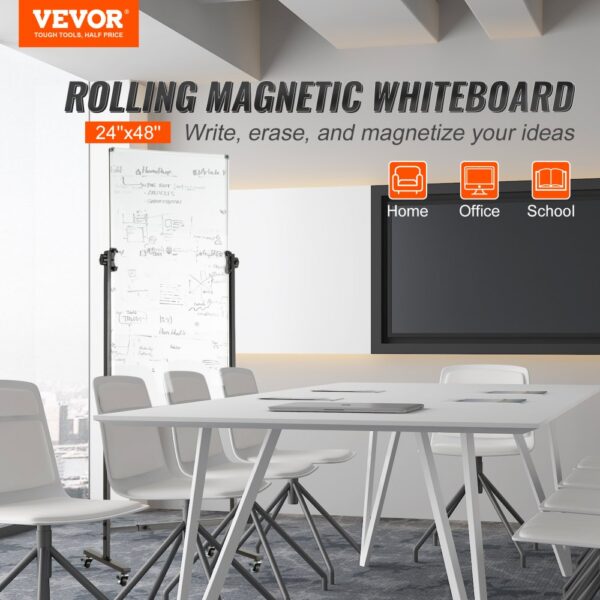 VEVOR rolling magnetic whiteboard in modern office with white chairs and large table, 24"x48".