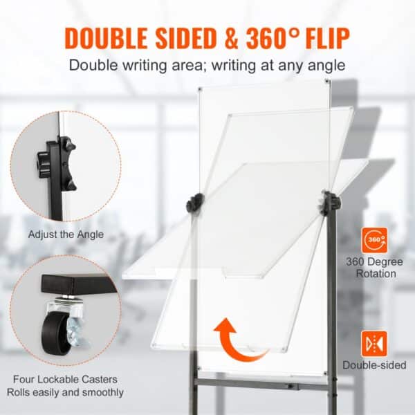 double-sided VEVOR rolling magnetic whiteboard with 360-degree flip and lockable casters.