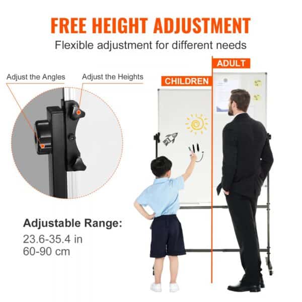 VEVOR rolling magnetic whiteboard with adjustable height for children and adults, 23.6-35.4 inches.