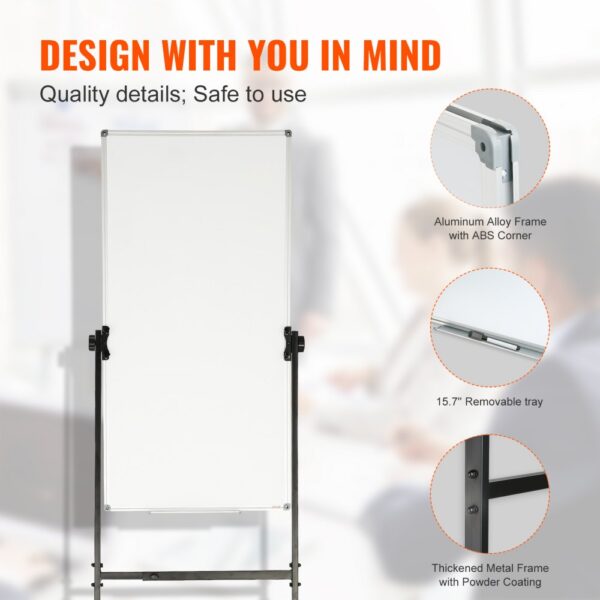 VEVOR rolling magnetic whiteboard with aluminum alloy frame, abs corners, removable tray, and powder-coated metal frame.