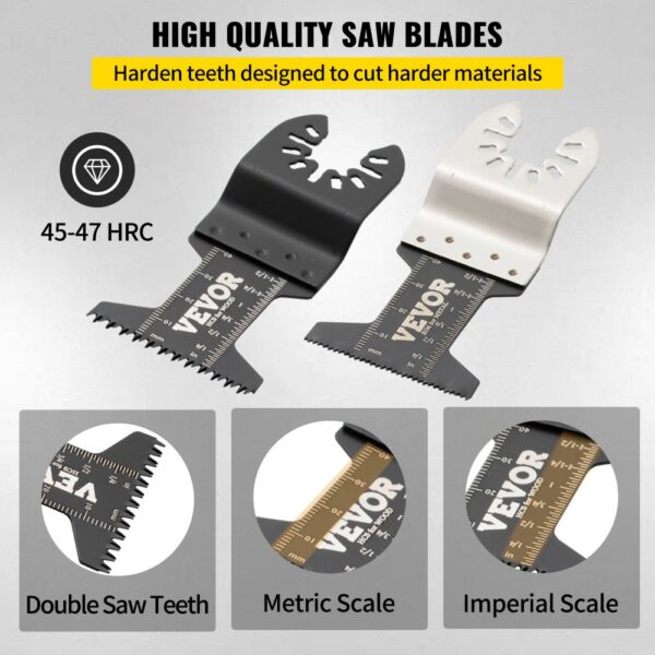 VEVOR oscillating saw blades with double saw teeth, metric and imperial scales, 45-47 hrc hardness.