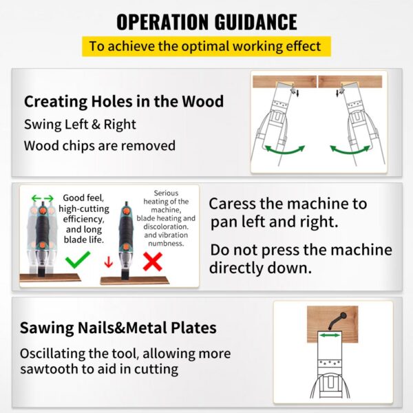 operating guide for VEVOR oscillating saw blades: creating holes in wood, sawing nails & metal plates.
