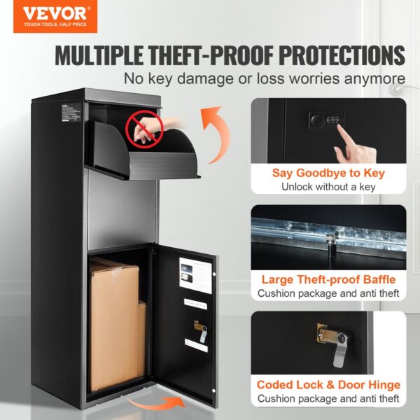 VEVOR package delivery box with multiple theft-proof protections including keyless unlock, coded lock, and baffle.