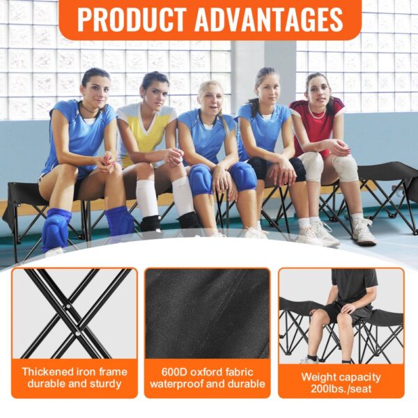 athletes sitting on VEVOR portable folding sport bench showcasing durability, waterproof fabric, and high weight capacity.