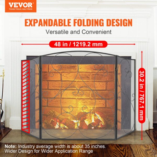 VEVOR fireplace screen with expandable folding design, dimensions 48 in x 30.2 in, versatile and convenient.