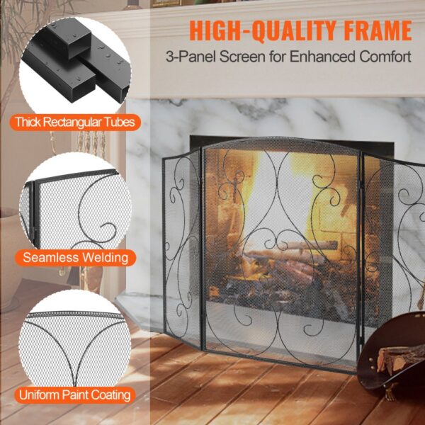 VEVOR fireplace screen with thick rectangular tubes, seamless welding, and uniform paint coating.