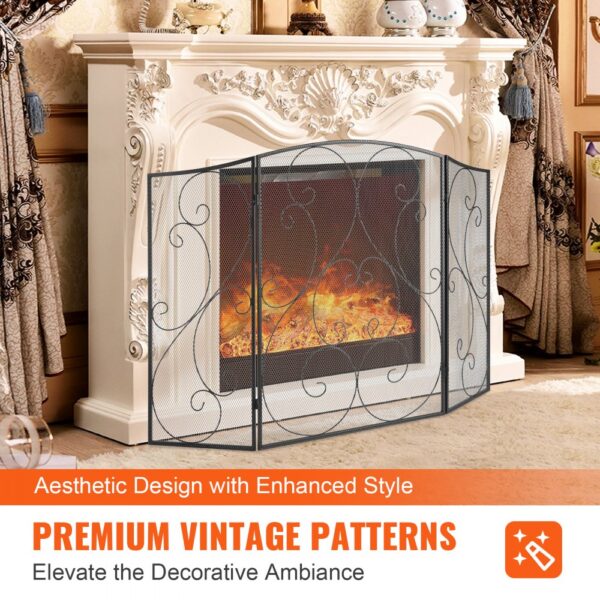 VEVOR fireplace screen in front of ornate white mantel with vintage patterns and glowing fire.