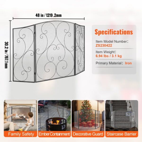 VEVOR fireplace screen, 48x30.2 in, iron construction, for family safety, ember containment, decorative guard.