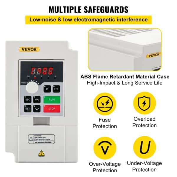 VEVOR variable frequency drive with multiple safeguards and abs flame retardant case.