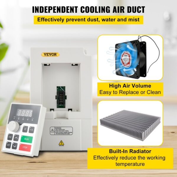 VEVOR variable frequency drive with independent cooling air duct, high air volume fan, and built-in radiator.