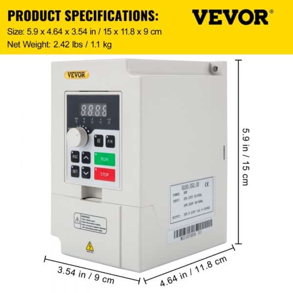 VEVOR variable frequency drive with dimensions and control panel buttons.