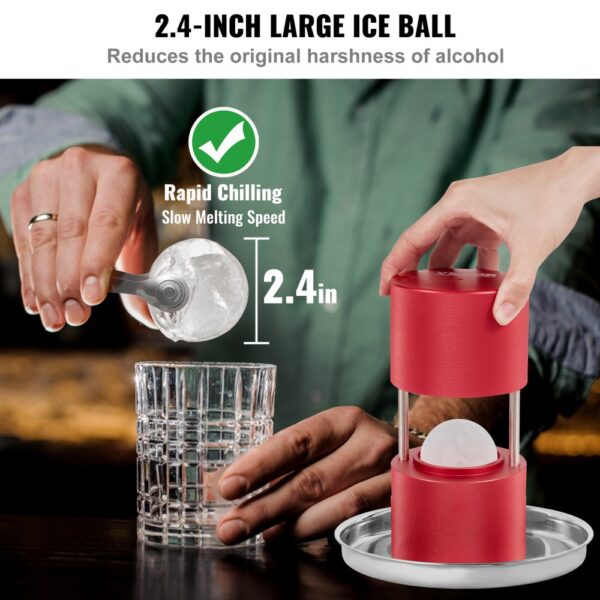 VEVOR Ice Ball Press, 2.4" Ice Ball Maker, Aircraft Al Alloy Ice Ball Press Kit for 60mm Ice Sphere, Ice Press with Tong and Drip Tray, for Whiskey, Cocktail, Bourbon, Scot on Party & Holiday, Red