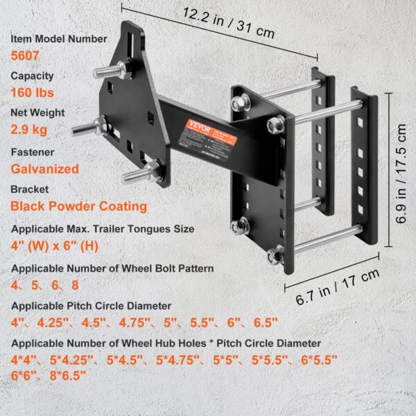 VEVOR Spare Tire Carrier, Trailer Spare Tire Mount, 160 lbs Capacity, Utility Trailer Accessories Fits Most 4 & 5 & 6 & 8 Lugs Wheels on 4", 4.25", 4.5", 4.75", 5", 5.5", 6", 6.5" Bolt Patterns