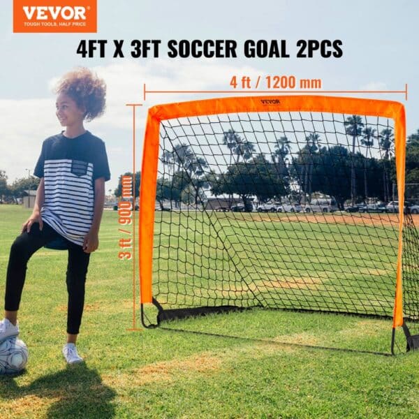 VEVOR portable soccer goal, 4ft x 3ft, orange frame, net, child with soccer ball in a grassy field.