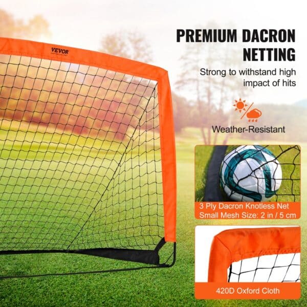 VEVOR portable soccer goal with premium dacron netting, weather-resistant, and 420d oxford cloth.