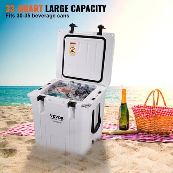 VEVOR Insulated Portable Cooler, 33 qt, Holds 35 Cans, Ice Retention Hard Cooler with Heavy Duty Handle, Ice Chest Lunch Box for Camping, Beach, Picnic, Travel, Outdoor, Keeps Ice for up to 6 Days