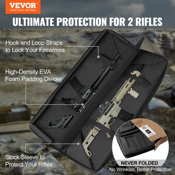 VEVOR tactical range bag securing two rifles with hook and loop straps, eva foam divider, and stock sleeve.
