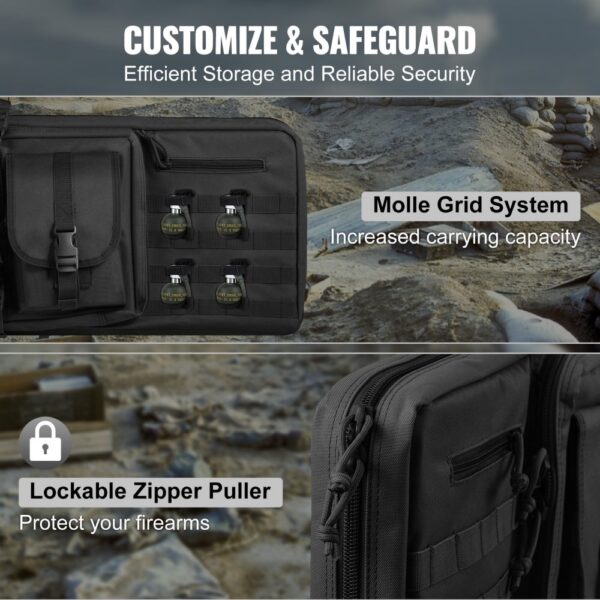 black VEVOR tactical range bag with molle grid system and lockable zipper puller for firearm security.