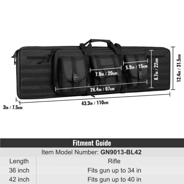 VEVOR tactical range bag with multiple pockets, dimensions, and fitment guide for rifles up to 42 inches.