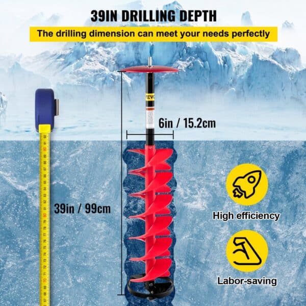 VEVOR ice drill auger with 39in depth and 6in diameter for high efficiency.