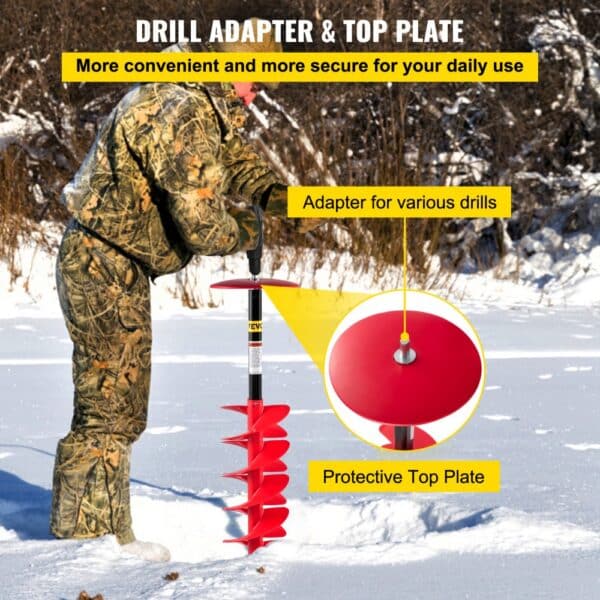 VEVOR ice drill auger in use on frozen lake with drill adapter and protective top plate.