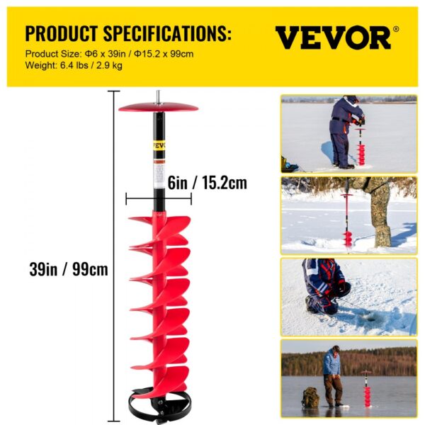 VEVOR ice drill auger specifications with images of auger in use on ice.