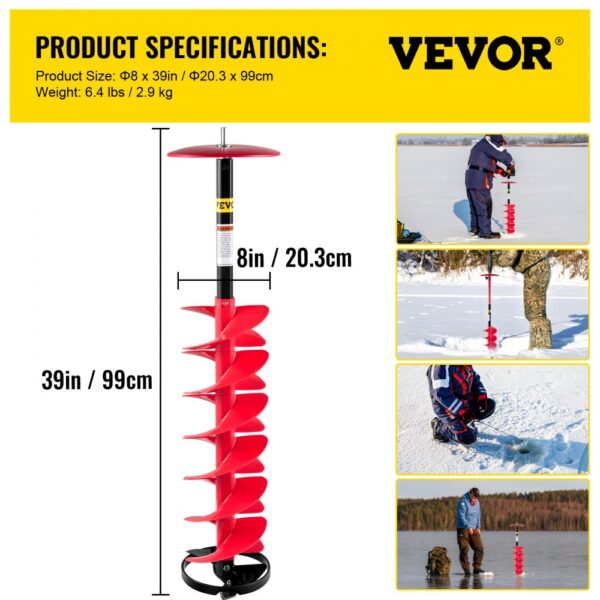 VEVOR ice drill auger, 39in x 8in, shown with specifications and in use on ice.